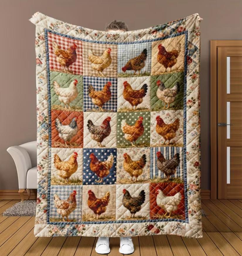 1pc This Colorful Plaid Farm Chicken Patchwork Flannel Blanket Features A Flock Of Multicolored Chickens And Floral Trim. Soft