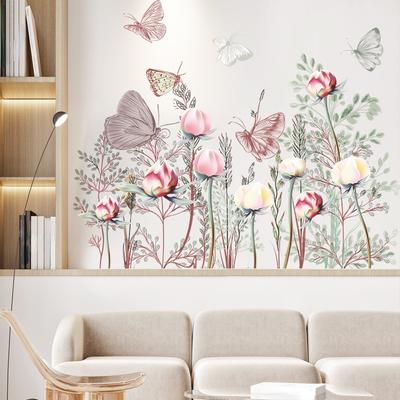 Adesivo da parete con fiori di farfalla Carta da parati per soggiorno Fiori Decorazione da parete per camera da letto Poster artistico Decorazione in vinile Carta da parati con farfalle