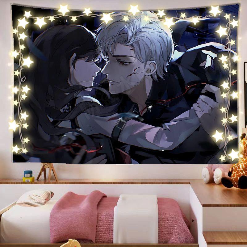 Romantic Anime Couple Tapestry Wall Hanging Night Embrace Silver Hair Manga Aesthetic Wall Art Indie Bedroom Decor