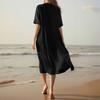 Women's Fashionable Cotton And Linen Button Solid-color Half-sleeved Loose Pocket Dress