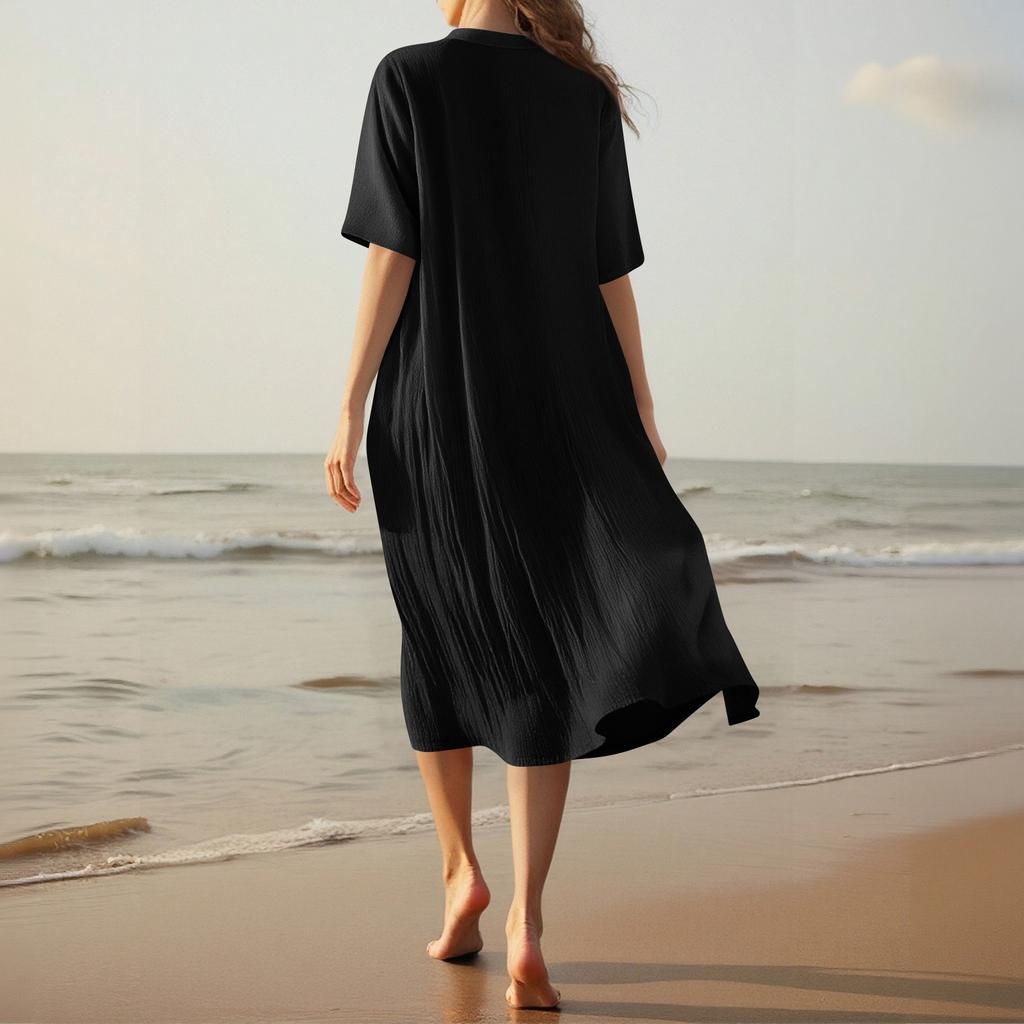 Women's Fashionable Cotton And Linen Button Solid-color Half-sleeved Loose Pocket Dress