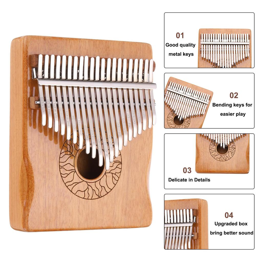 uxcell 21-Key Thumb Piano, Brown Mini Portable Finger Piano, Solid Koa Wood with Floral Handrails, Tuning Hammer, and Gift Sheet Music Learning