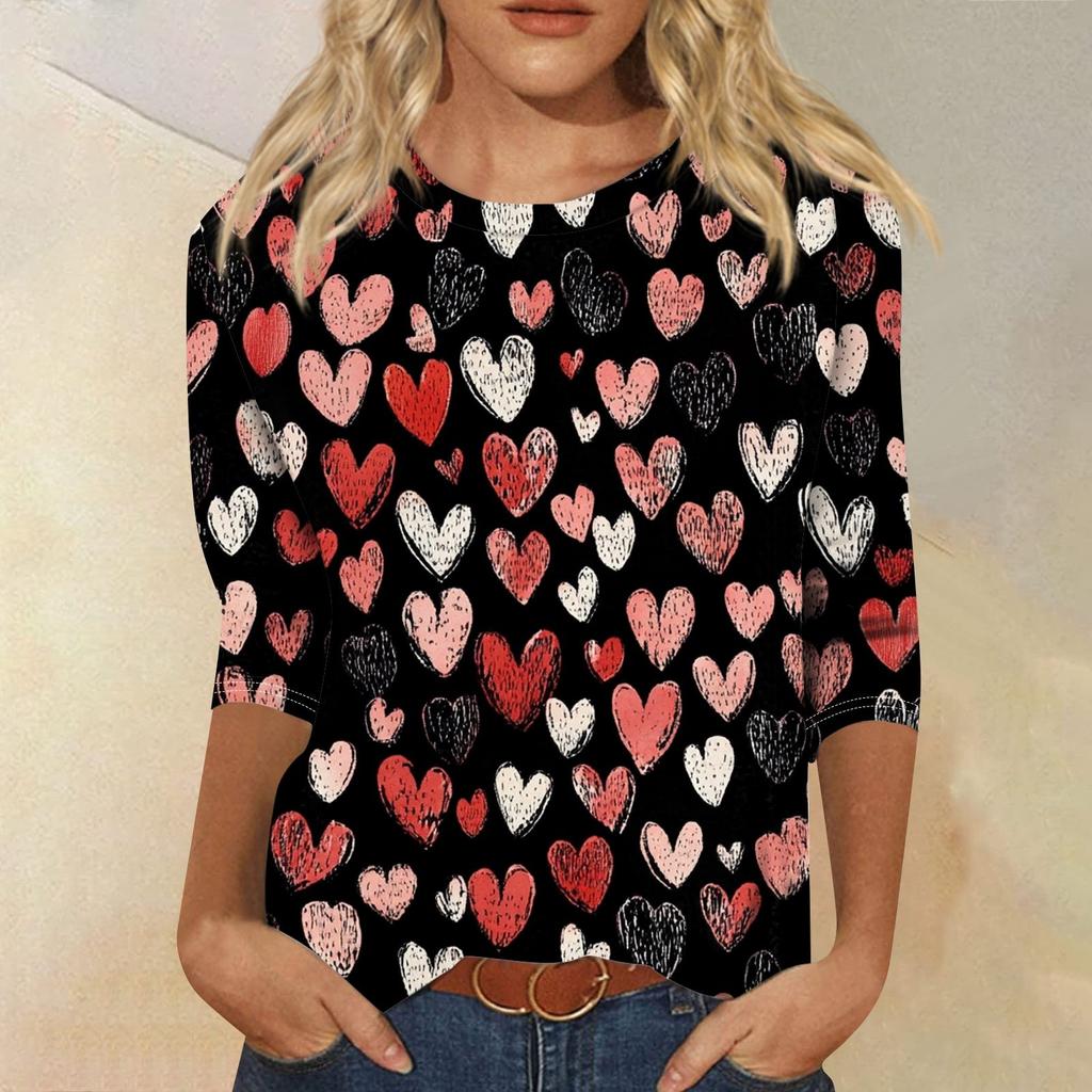 Top cu mâneci 3/4 Tricou de damă Casual Imprimat de Ziua Îndrăgostiților Tricou cu gât rotund Jumper