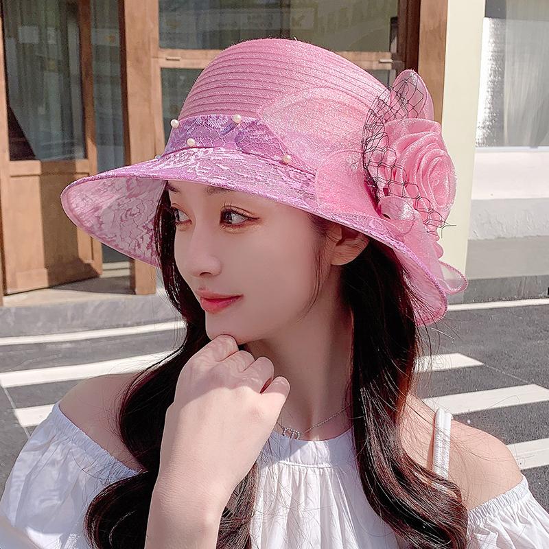 2025 New Summer Wide Brim Organza Sun Hats For Women Elegant Flower Floppy Travel Beach Hat Kentucky Derby Wedding Church Hats