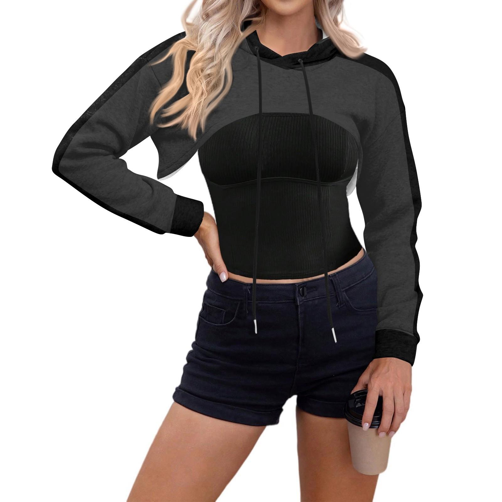 

Женский топ-пуловер, ультракороткая толстовка с принтом, длинный рукав, толстовка с капюшоном и завязками S чёрный