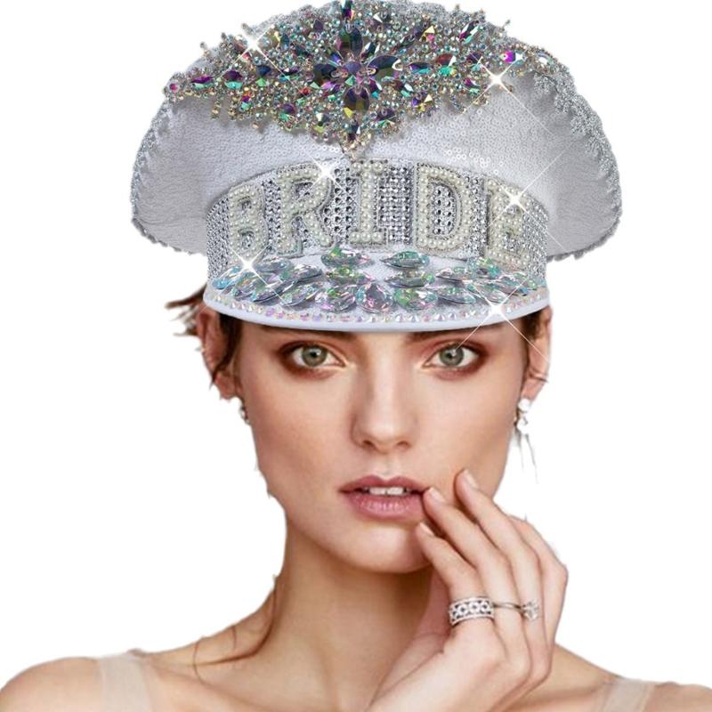 BRIDE Wedding Hat with Colorful Rhinestone Decor Stage Show Hat Military Hat Stage Performances Hat for Masquerade Party