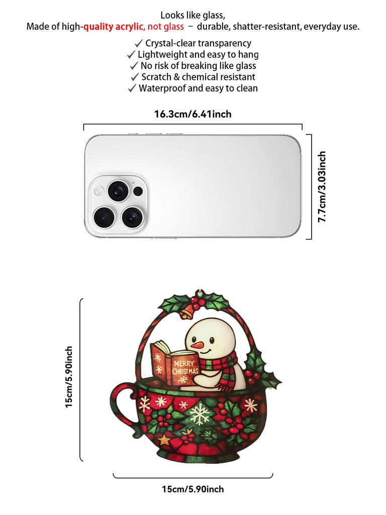 Acrylic Window Hanging Ornament - Cute Snowman Reading Book, Red & Green Teacup Design, Festive Decor for Xmas Tree & Home Decor