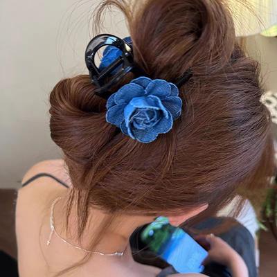 Lystrfac Denim Rose Blossoms Hair Claw for Women Girls Shark Hair Clip Back Head Hair Clash Clip Style Hair Accessories