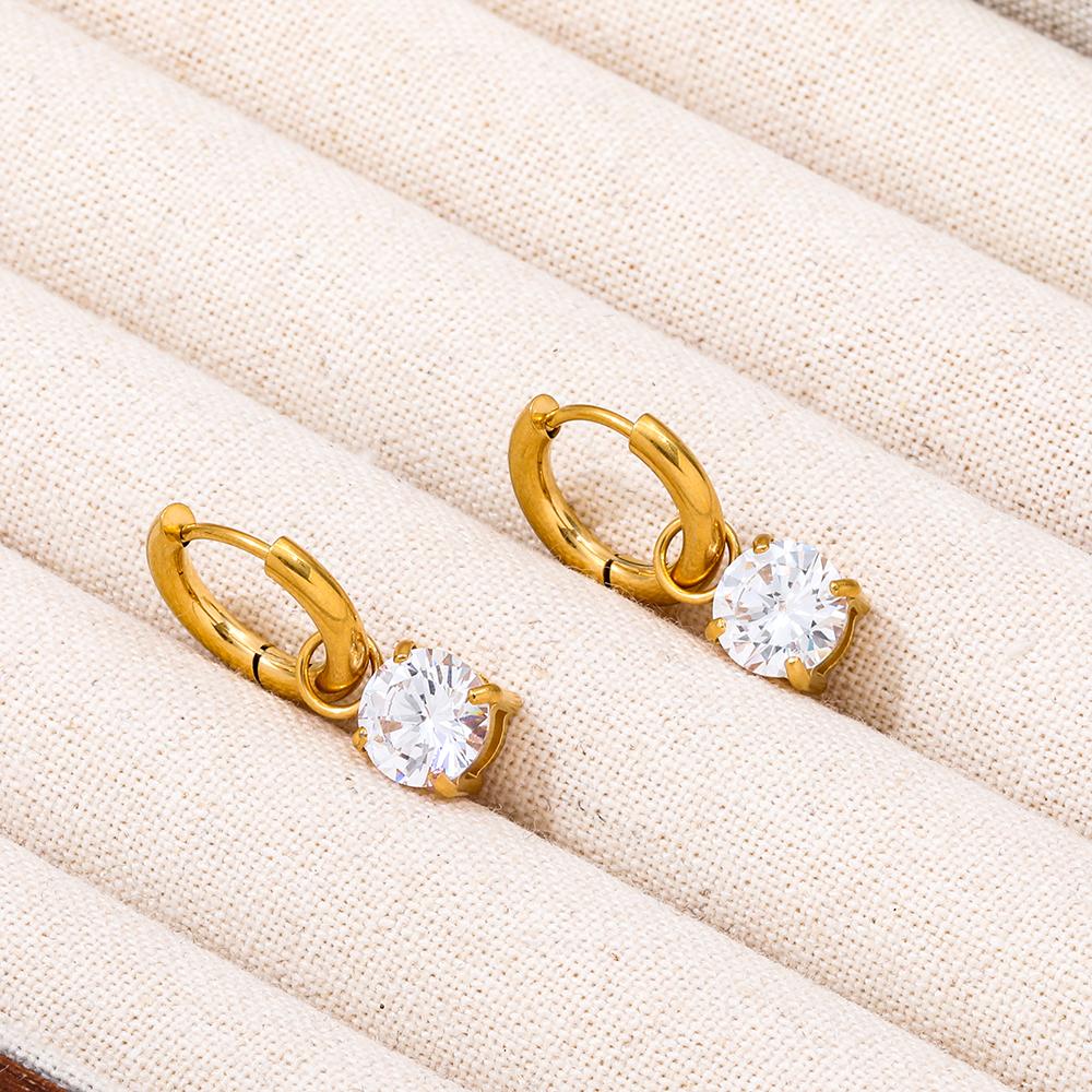 High End 18K Gold Plated PVD Single Round Zirconia Pendant Huggie Earrings Trendy Stainless Steel Fashion Jewelry-