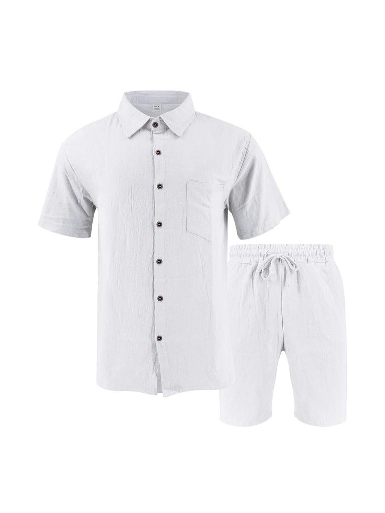 Men's Summer Linen Short-Sleeve Shirt & Shorts Set - Casual Loose Fit, Cotton-Linen Fabric.