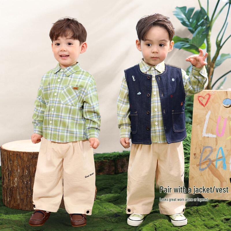 LUSON Baby Boy's 2026 Spring Autumn Retro Plaid Long Sleeve Shirt
