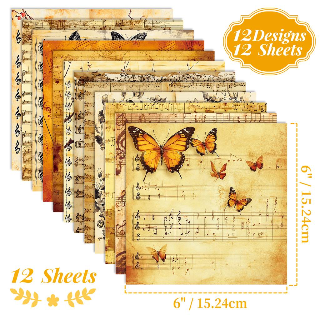 12 Sheets/Pack Retro Sheet Music Hand Account Material Paper Retro Wind Hand Account Background Paper Backing Paper