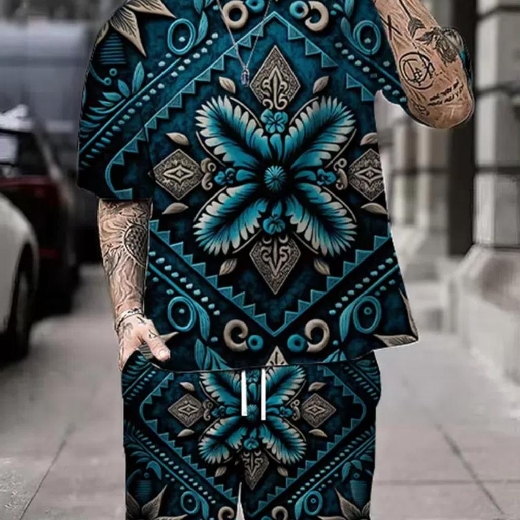 Summer Men's Short Sleeve Shorts Set Street Everyday Casual Men's T-Shirt Outdoor Fashion Loose Shorts Bohemian Print