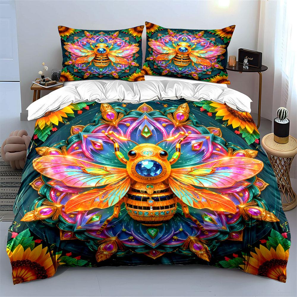 Ornate Gem-Studded Bee Art Printed Duvet Cover Set1 Duvet Cover+2 Pillowcasemulti Size Bedroom Bedding Decor Luxury Gifts