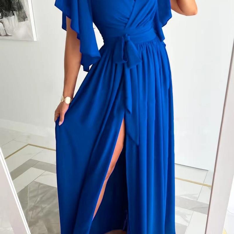 Women's V Neck Maxi Dress Short Sleeve Wrap Front High Slit Elegant Party Dress