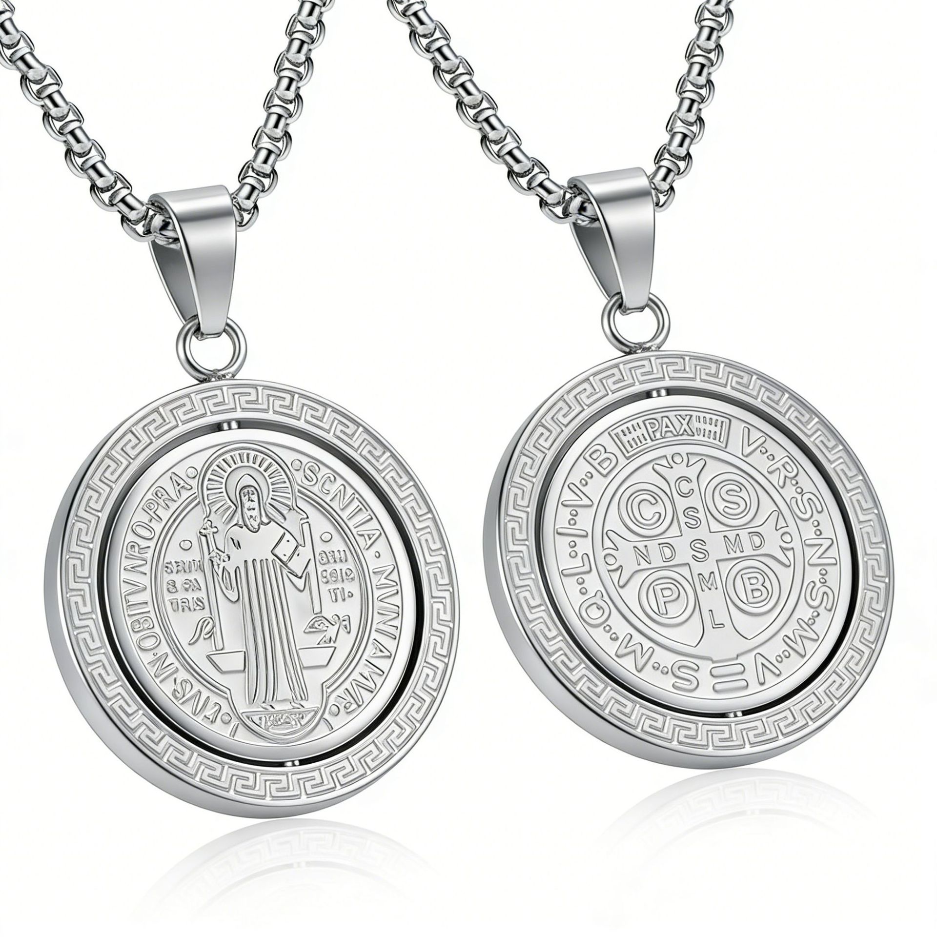 Exorcist Saint Benedict Titanium Steel Rotating Necklace Male Personality Creative Double-sided Rotating Pendant Non-fading Jewelry 60cm