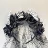 Gothic Halloween Veil Headband Halloween Costume Lace Veil Rose Flower Crown with Black Veil Hair Band Floral Hair Hoop