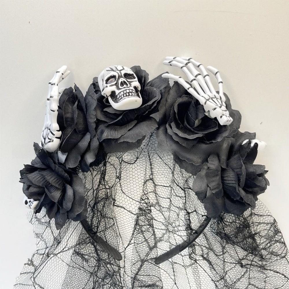 Gothic Halloween Veil Headband Halloween Costume Lace Veil Rose Flower Crown with Black Veil Hair Band Floral Hair Hoop