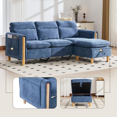 Three-Seater Sofa Set In Nordic Style with Storage Ottoman, L-Shaped Fabric Sofa with Side Pockets and Wooden Table Legs (Blue Chenille)
