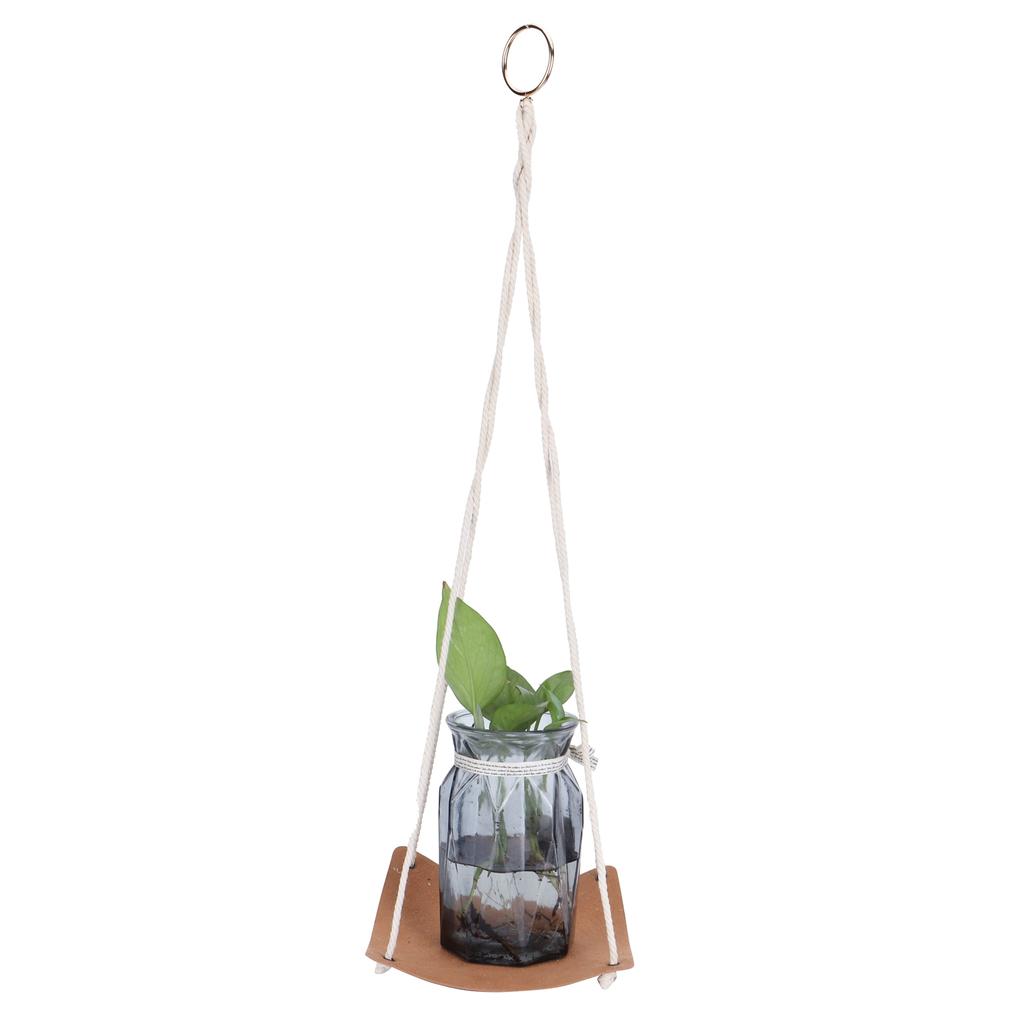 Pflanzenhänger PU-Leder Quadratische Basis Baumwollseil Blumentopf Sukkulenten Hängehalter Gartendeko Braun 20cm