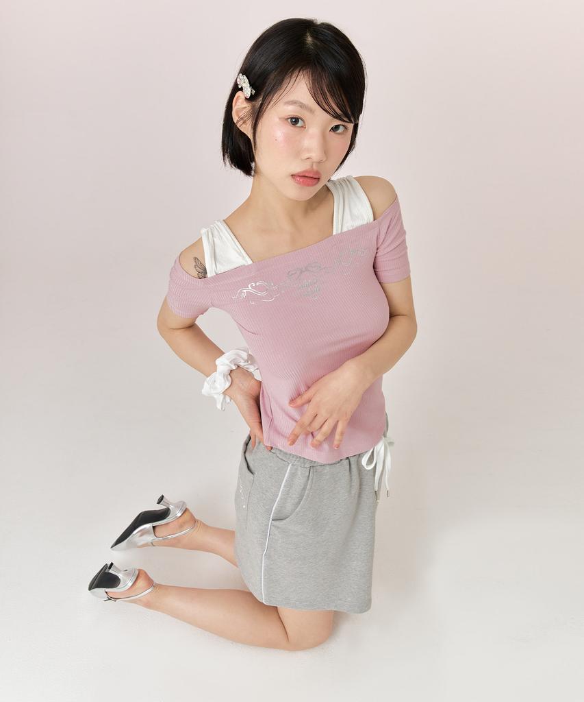 ADOREBELLE Silver Antique Crop Off-Shoulder T-Shirt - Pink