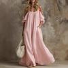 Damen Baumwolle Leinen Maxikleid Spaghettiträger Schulterfrei Lockerer Schnitt Taschen Fließend Sommer Strandurlaubskleid