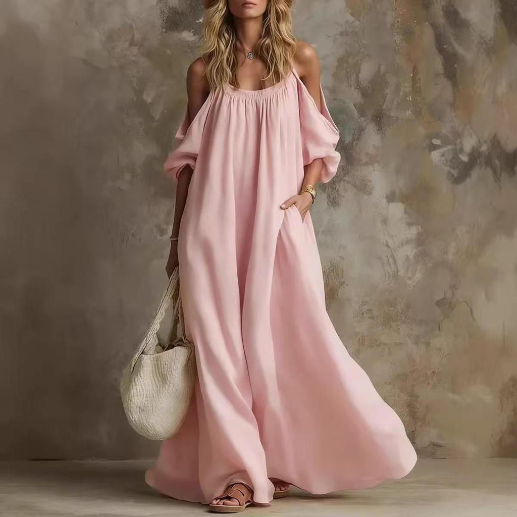 Damen Baumwolle Leinen Maxikleid Spaghettiträger Schulterfrei Lockerer Schnitt Taschen Fließend Sommer Strandurlaubskleid