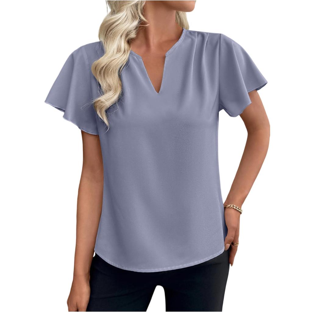 Fashionable Women's Ruffle Sleeves, Fashionable And Elegant V-neck Pleated Color Short Sleeved Shirt