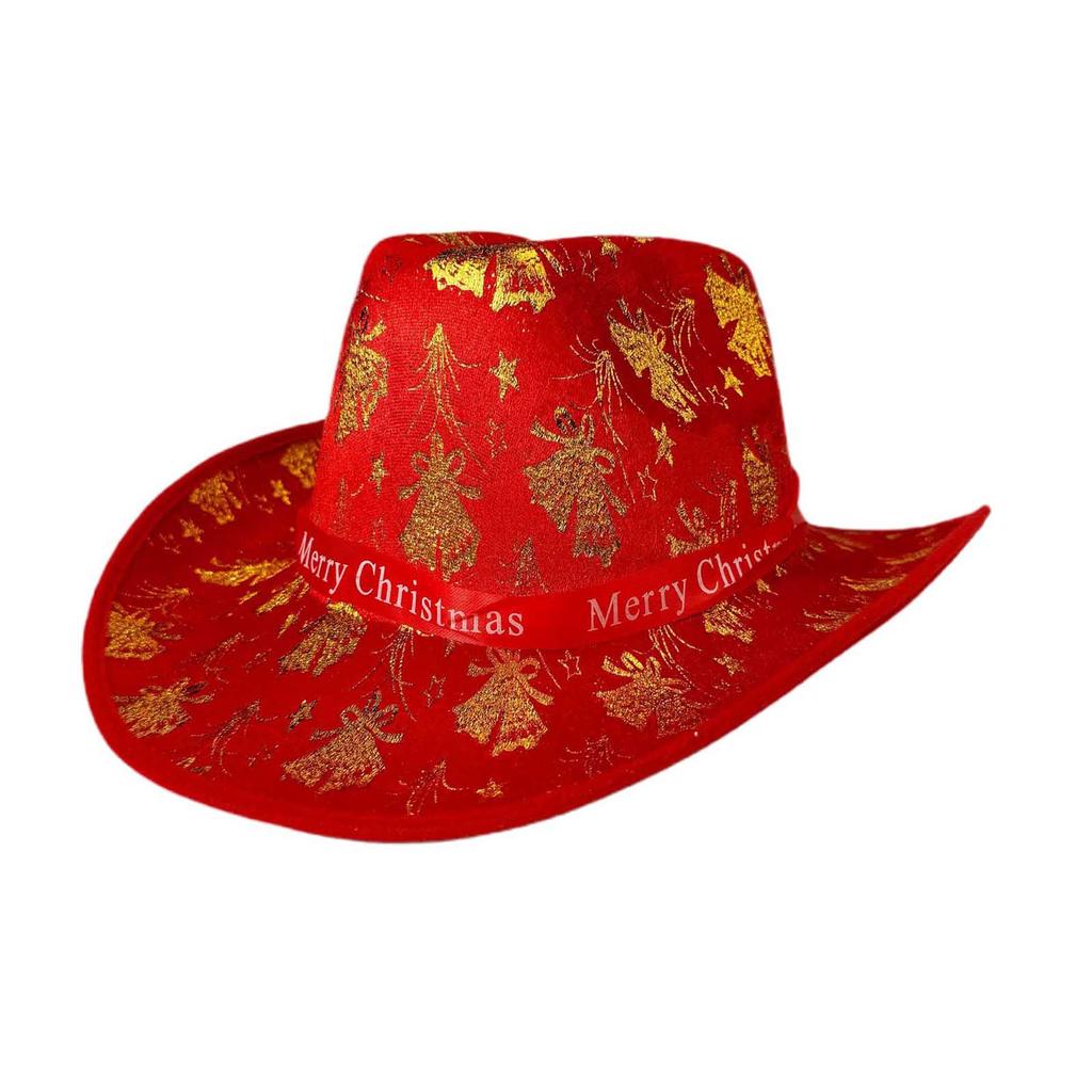 Christmas Red Fashion Cowboy Hat Adult Christmas Glitter Printed Jazz Hat Holiday Role Playing Costume Party Supplies
