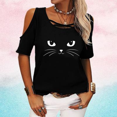 Women Casual Short Sleeve T-shirt Summer Fashion Round Neck Off Shoulder Shirt Cat Printed Tee Shirt