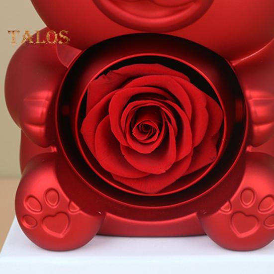 Preserved Rose Hug Bear Gift Box with Handbag Eternal Flower Rotating Bear Jewelry Holder for Women Valentine's Day Anniversary
