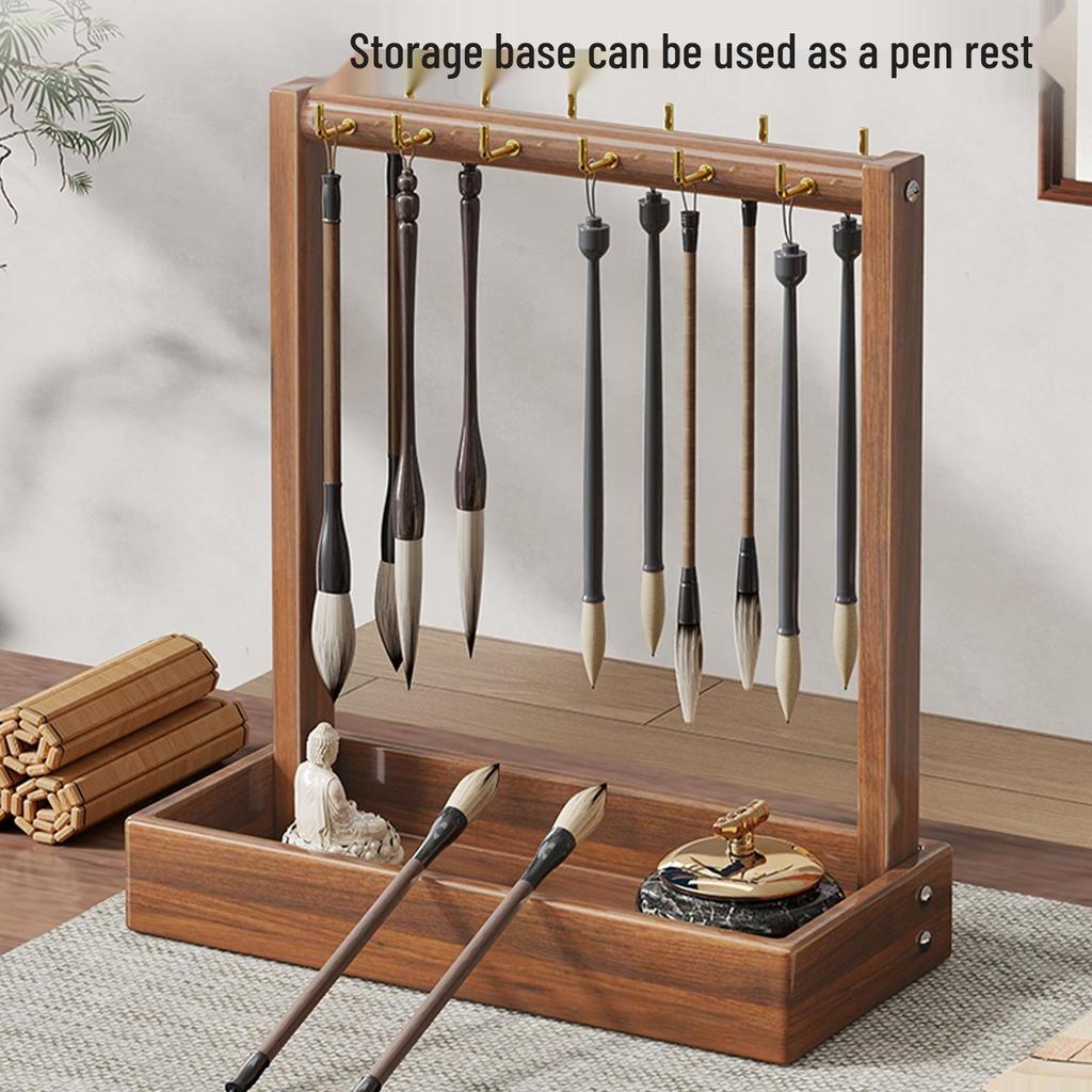 Solid Wood Hanging Calligraphy Brush Rack with Metal Hooks - Desktop Storage Holder for Scholar's Four Treasures.