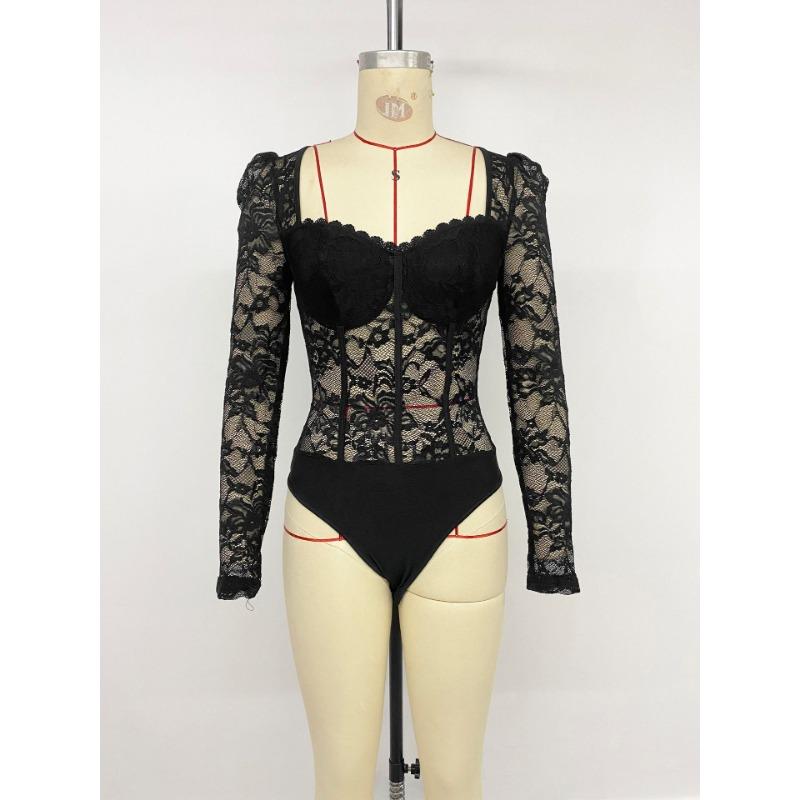 Female Lace Lace Spliced Square Collar Tight Black Bodysuit