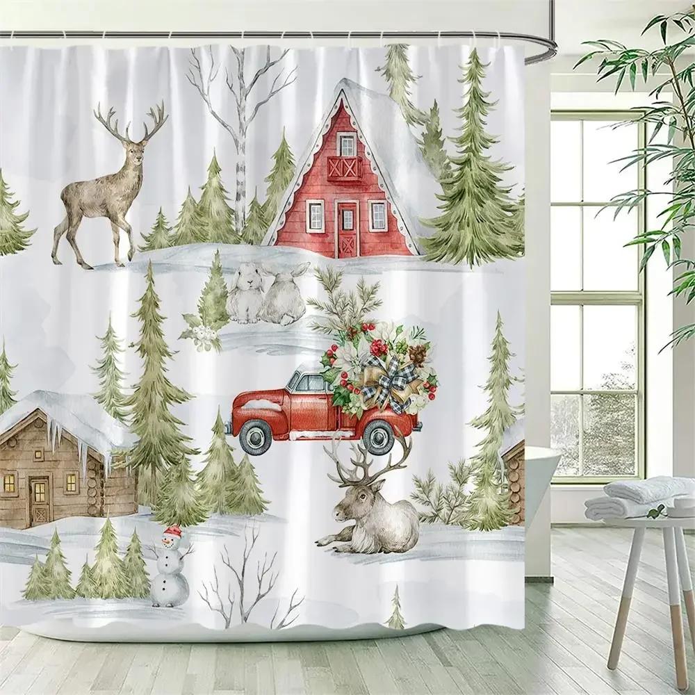 Winter Snowy Forest Shower Curtains Pine Tree Deer Snowflake Xmas Christmas Holiday Rustic Farmhouse Bathroom Decor With Hooks