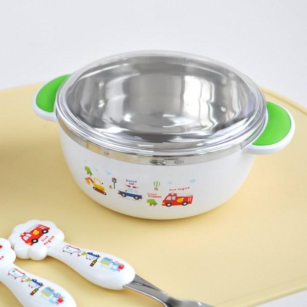 Childrens Vroom Vroom Non-slip Stainless Steel Lid Bowl, White, 1 Piece, Popular Korean Parenting Items