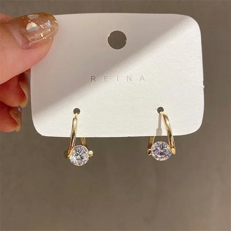 New Temperament Gold Color Water Drop Zircon Dangle Earrings for Women Charm Stainless Steel Korean Hoop Jewelry Accessories