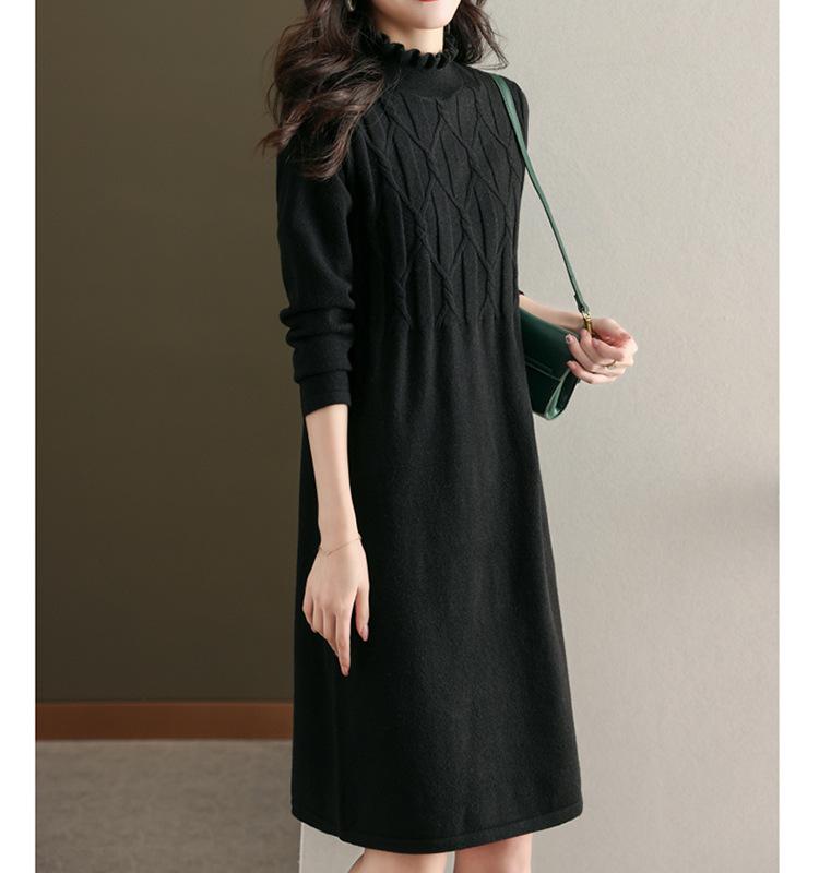 Wood ear edge semi-turtleneck knitted dress women's autumn and winter temperament elegant and thin inside with medium and long bottom sweater skirt