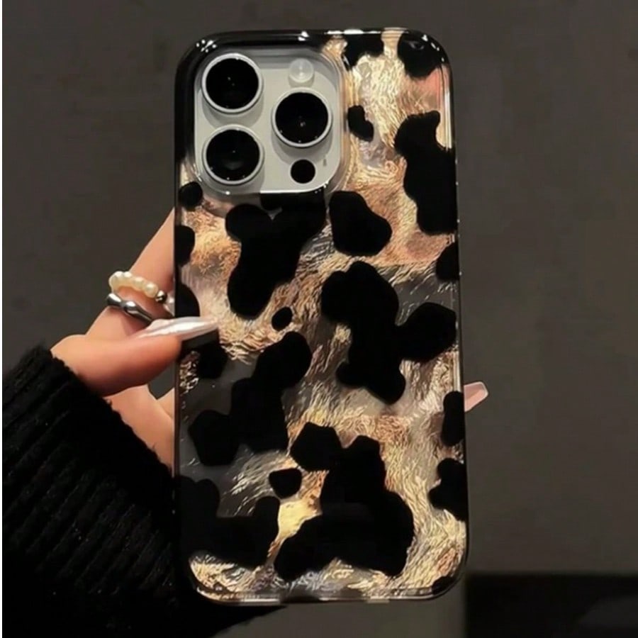 Vintage Handyhülle mit Kuhmuster aus Zinnfolie für Phone 17ProMax 13 14 15Pro 16ProMax Weich Stoßfest Vollabdeckung Damen