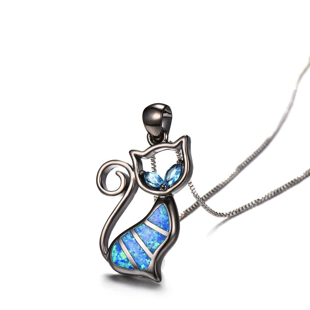 New European and American Fashion Accessories Two Water Blue Diamond Blue Cat Pendant Necklace