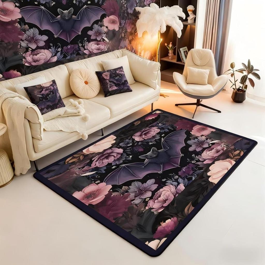 Black Floral Bat 5x7 Area Rug Halloween Bats Living Room Rug | Boho Flowers Rugs for Bedroom, Romantic Plant Gothic Carpet Indoor Floor Mat