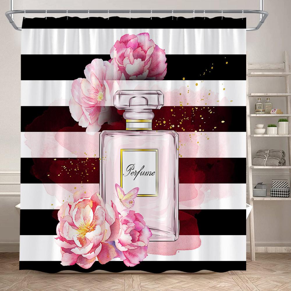 Floral Perfume Shower Curtains Pink Flower Butterfly Red High Heel Black White Stripe Fashion bath Curtain Fabric Bathroom Decor