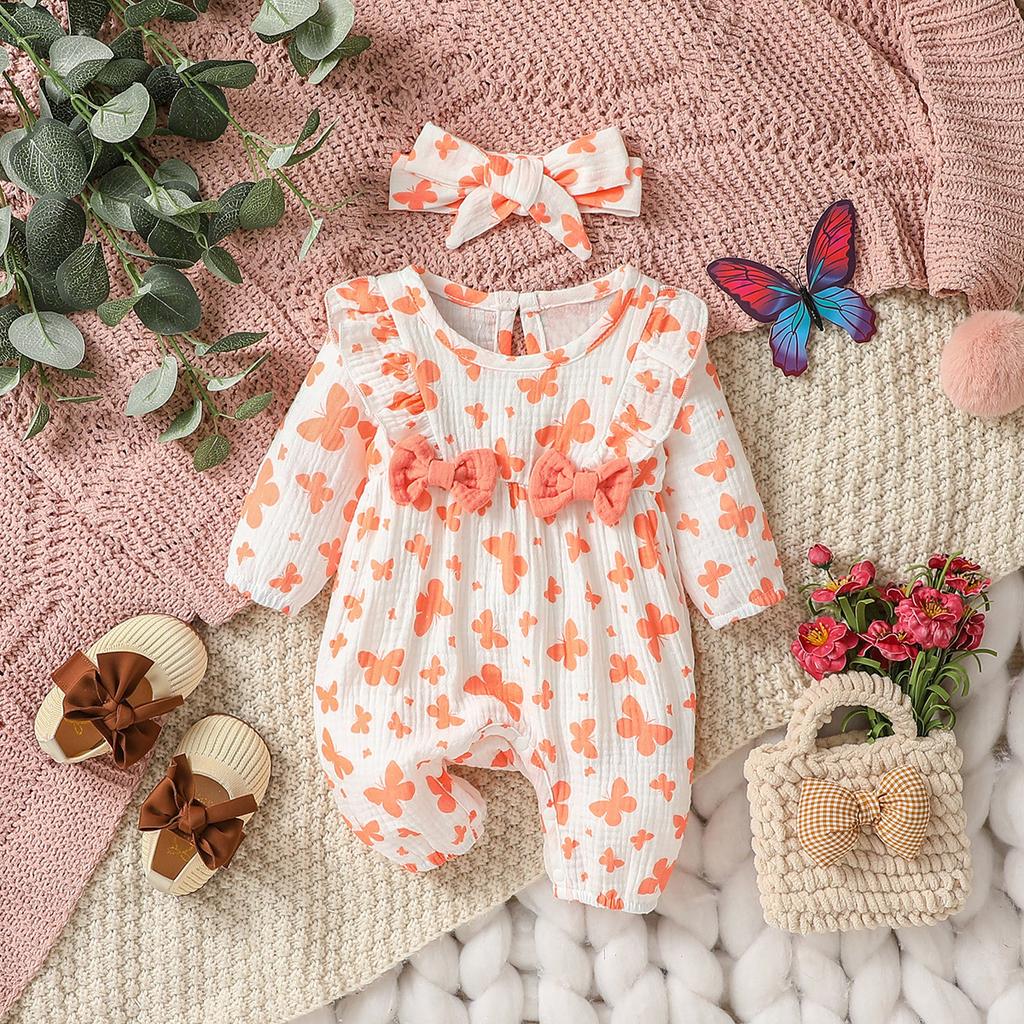Baby Girl's All Seasons Long Sleeve Print Floral With Bow Daily Jumpsuit For Newborn-6M Clothes +Headband