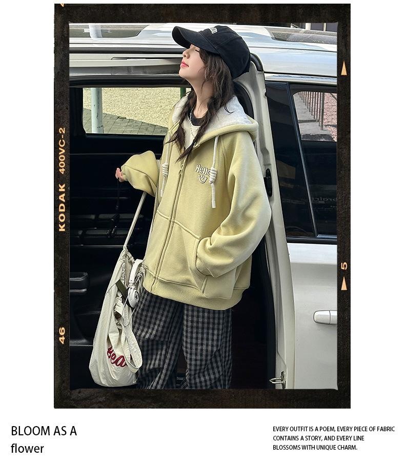 Girls' Alpaca Wool Fleece-Lined Jacket - Korean Casual Style, Hooded, Thick & Warm for Autumn/Winter