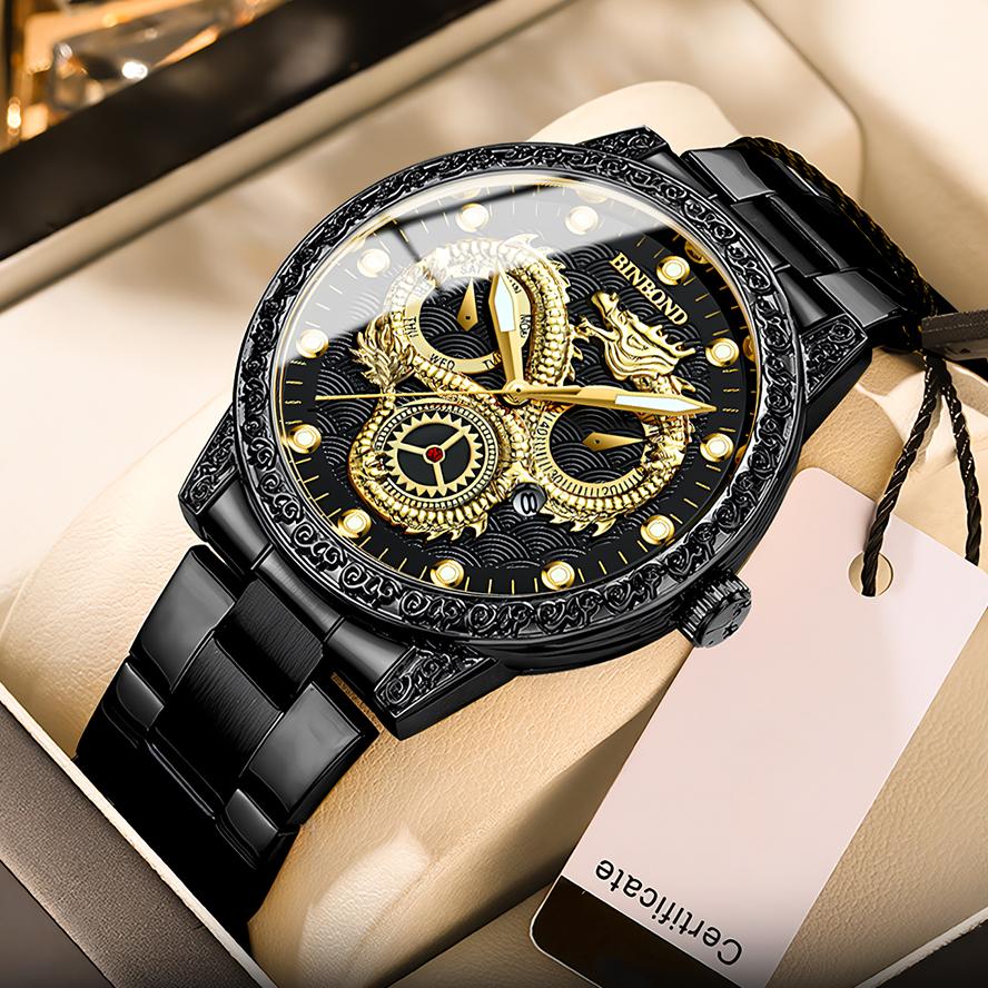 Men's Three Flame Dragon Quartz Watch Golden Dragon Relief Waterproof Luminous Calendar Watch Festival Gift