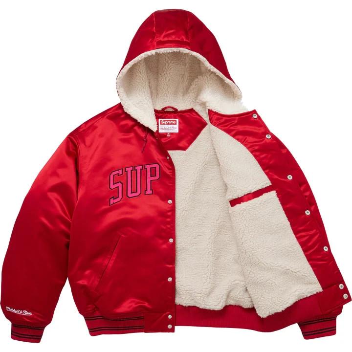Supreme Mitchell Ness Lined Hooded Satin Varsity Jacket Red
