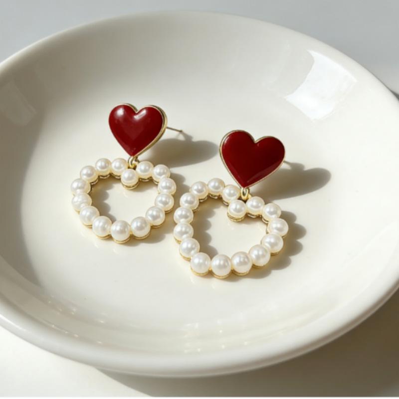 Korean Hollow Heart Pearl Earrings - Sweet Drip Oil Peach Heart Studs