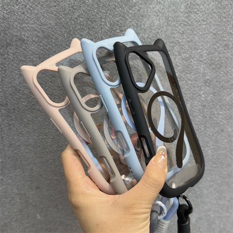 iPhone 17 PRO Cat Ear Magnetic Case with Lanyard - Transparent Anti-drop Protective Cover
