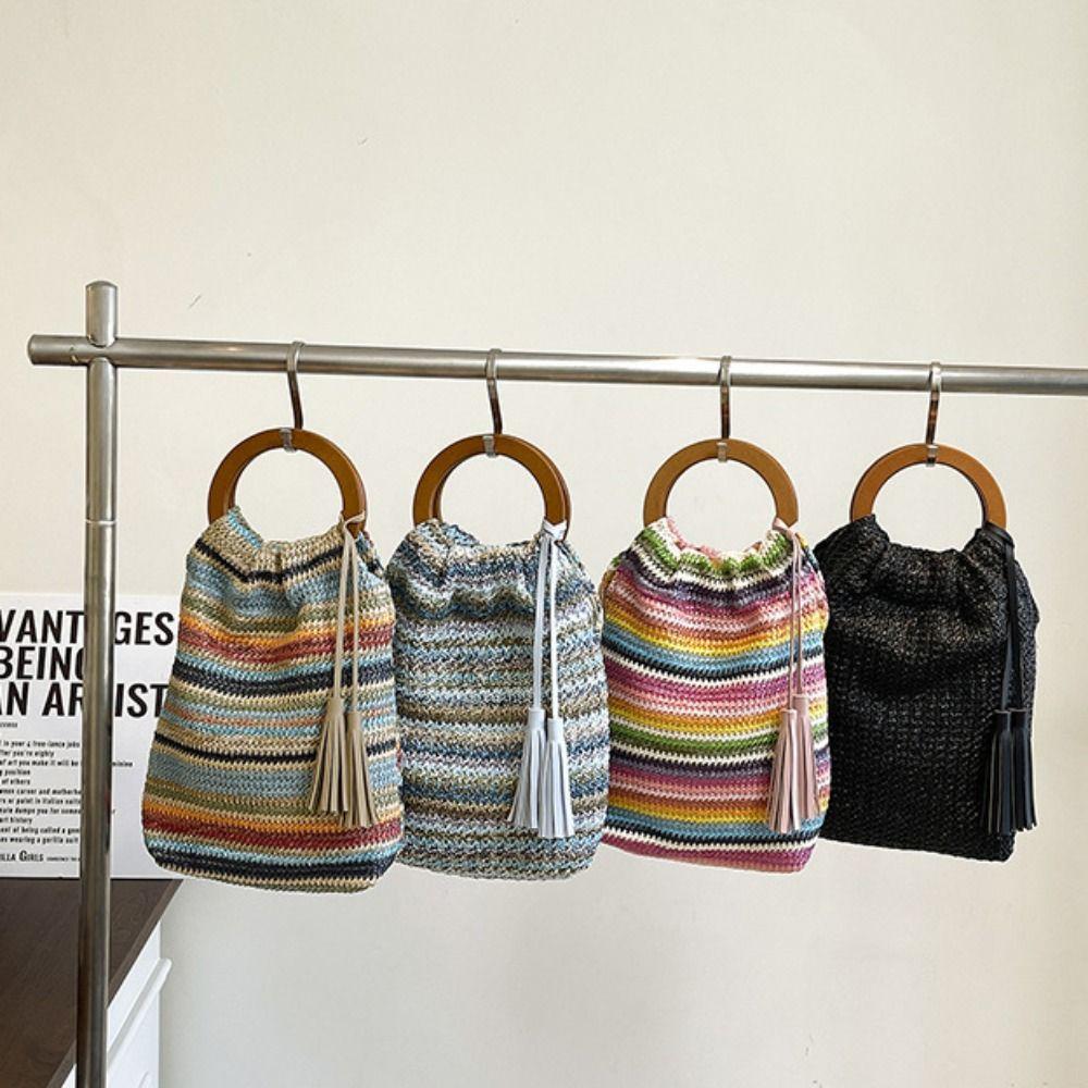 

Hollow Out Rainbow Woven Handbag Bohemian Style Underarm Bag Simple Woven Crochet Bag Travel рожевий