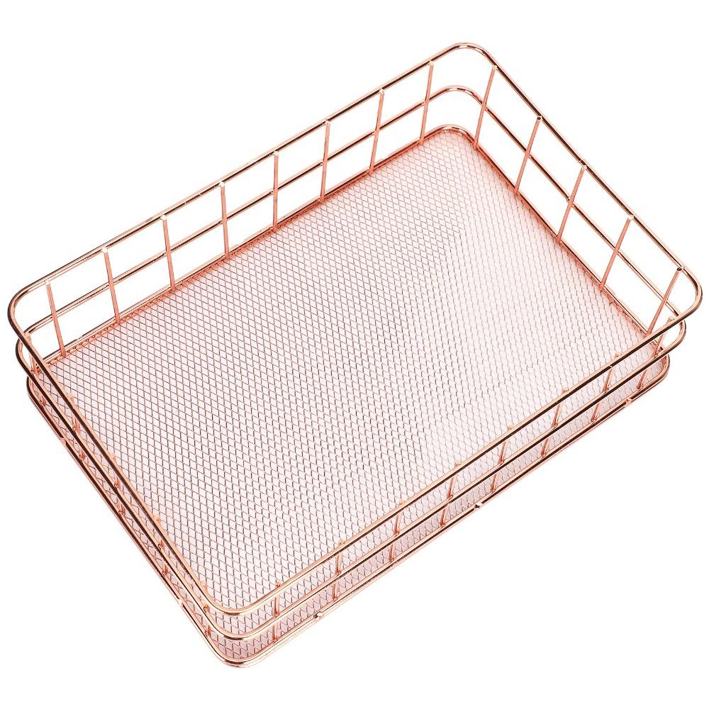 Rose Gold Desktop Organization Basket Iron Grid Wire Storage Organizer  Home Office
