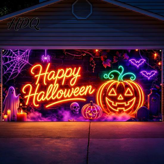 Large Spooky Holiday Banner Halloween Garage Door Banner Pumpkin Ghost Spider Web Patterns Yard Flag Polyester Festive Wall Sign for Party